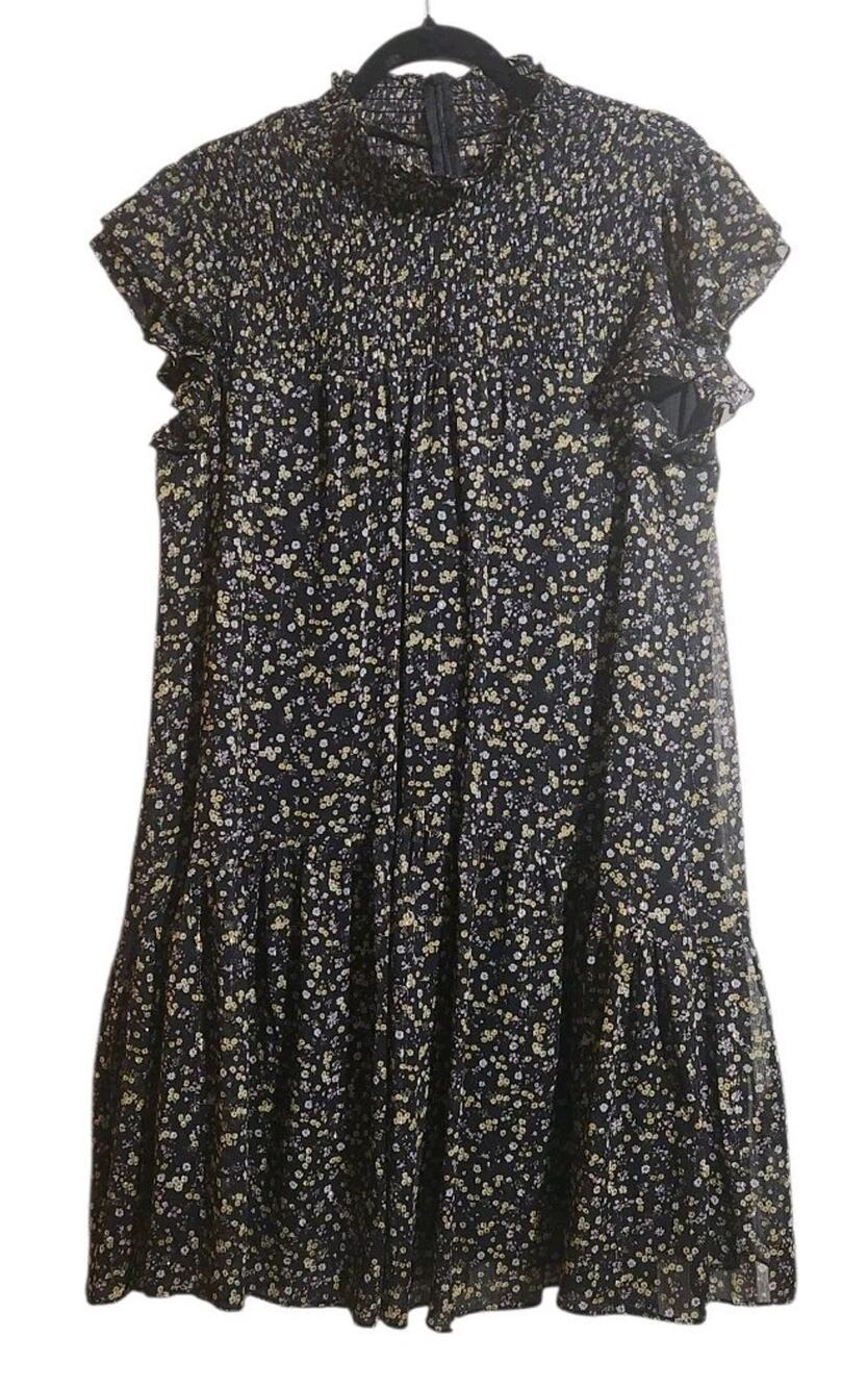 Melonie T Women’s 14 Chiffon Dress Black Floral Boho Tiered Mock Neck Whimsy